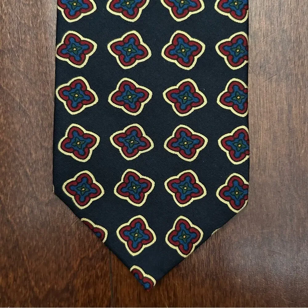 Faconnable Dark Navy and Red Geometric 100% Silk Tie